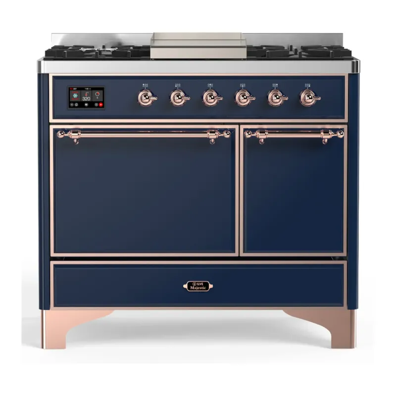 Premium ILVE Majestic III 40-inch Dual Fuel Range with 5 Liquid Propane Burner, Griddle and Solid Door Electric Oven in Midnight Blue with Copper Trim (UMD40FQNR3MBPLP)
