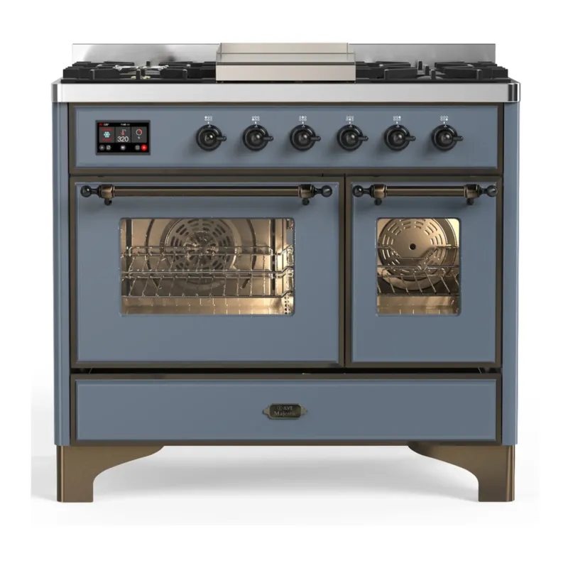 Best Seller ILVE Majestic III 40-inch Dual Fuel Range with 5 Liquid Propane Burner, Griddle and Triple Glass Door Electric Oven in Blue Grey with Burnished Trim (UMD40FNR3BGBLP)