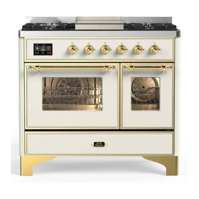 ILVE Majestic III 40-inch Dual Fuel Range with 6 Natural Gas Burner, Griddle and Triple Glass Door Electric Oven in Antique White with Brass Trim (UMD40FNR3AWG) Must Have