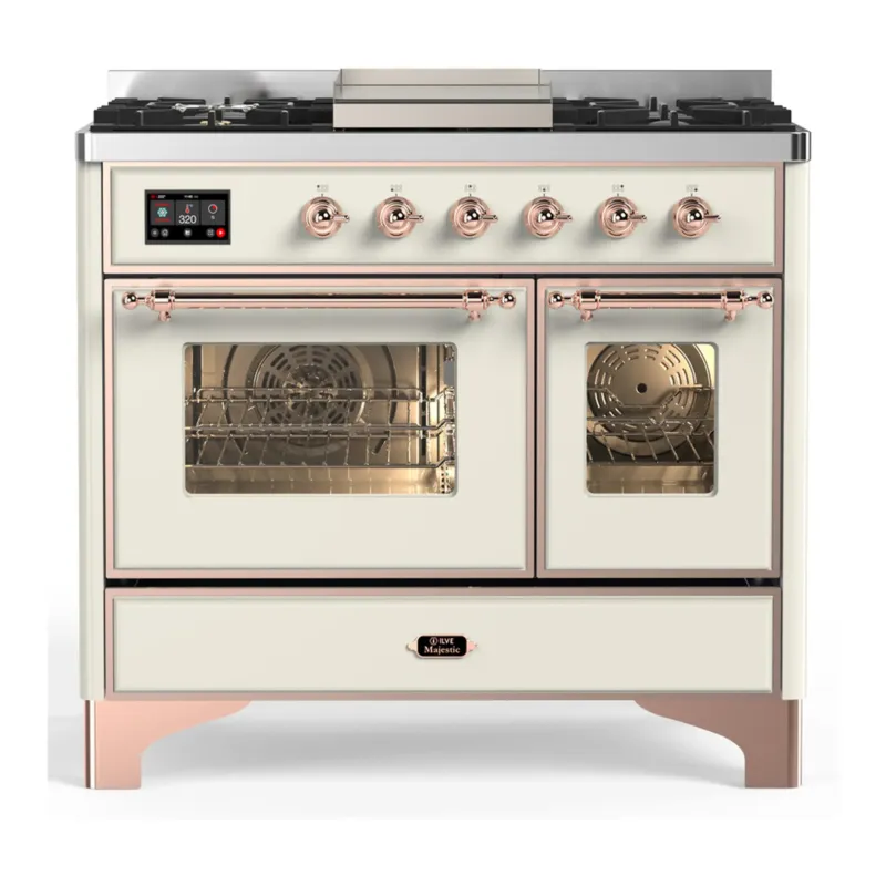 ILVE Majestic III 40-inch Dual Fuel Range with 6 Natural Gas Burner, Griddle and Triple Glass Door Electric Oven in Antique White with Copper Trim (UMD40FNR3AWP) Sale