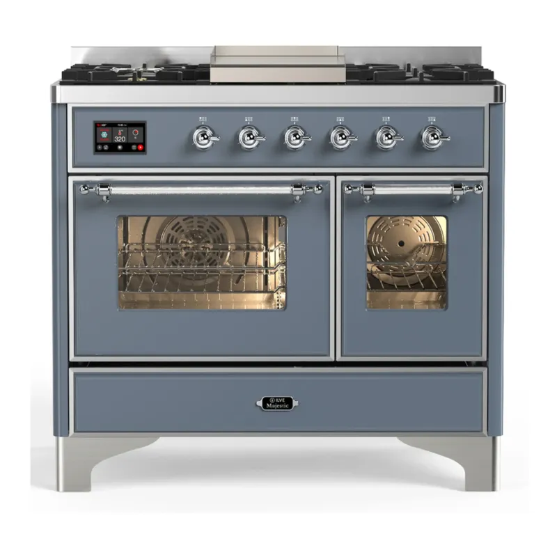 ILVE Majestic III 40-inch Dual Fuel Range with 6 Natural Gas Burner, Griddle and Triple Glass Door Electric Oven in Blue Grey with Chrome Trim (UMD40FNR3BGC) Super Sale
