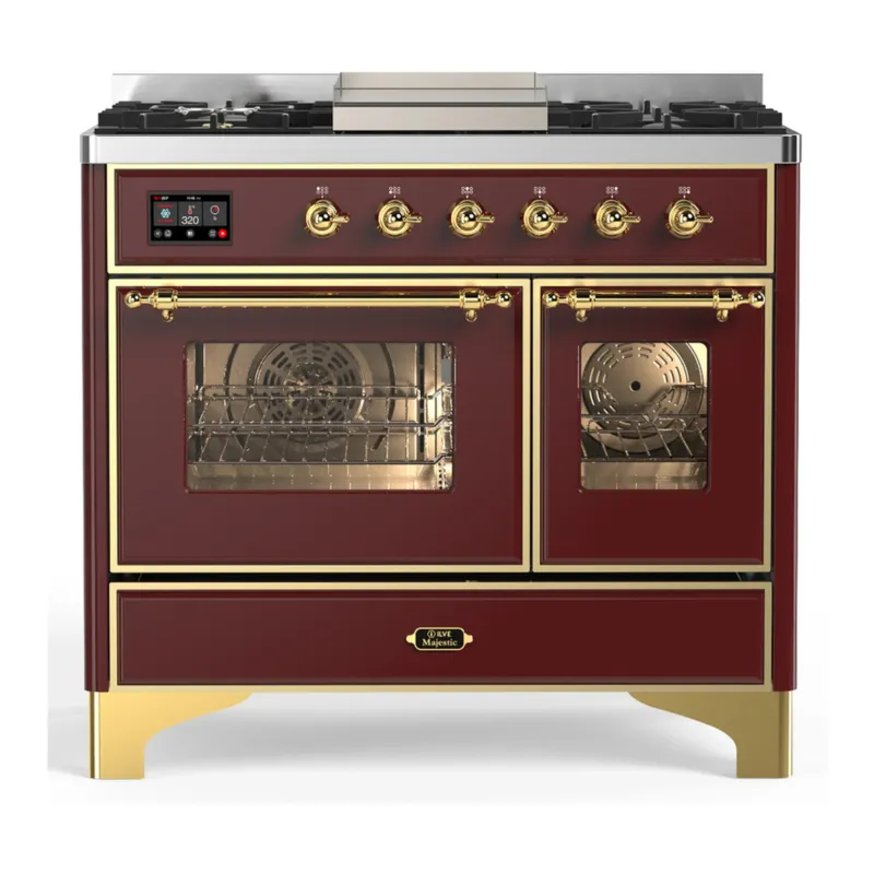 Express Delivery ILVE Majestic III 40-inch Dual Fuel Range with 6 Natural Gas Burner, Griddle and Triple Glass Door Electric Oven in Burgundy with Brass Trim (UMD40FNR3BUG)