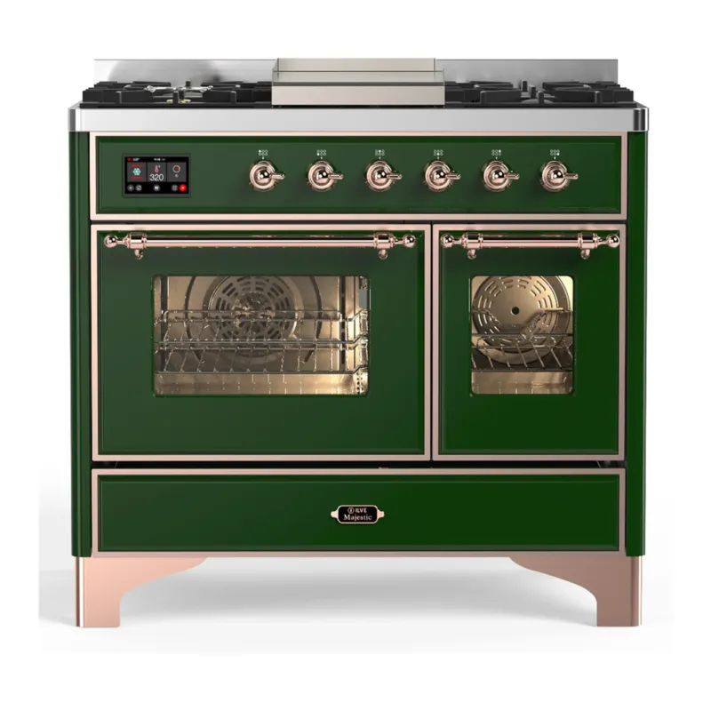 Limited Offer ILVE Majestic III 40-inch Dual Fuel Range with 6 Natural Gas Burner, Griddle and Triple Glass Door Electric Oven in Emerald Green with Copper Trim (UMD40FNR3EGP)