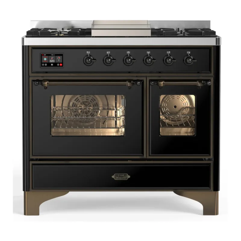 ILVE Majestic III 40-inch Dual Fuel Range with 6 Natural Gas Burner, Griddle and Triple Glass Door Electric Oven in Glossy Black with Burnished Trim (UMD40FNR3BKB) Sale