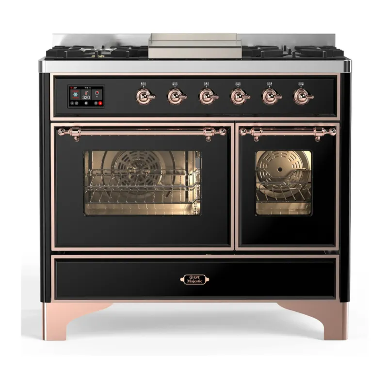 Top Rated ILVE Majestic III 40-inch Dual Fuel Range with 6 Natural Gas Burner, Griddle and Triple Glass Door Electric Oven in Glossy Black with Copper Trim (UMD40FNR3BKP)