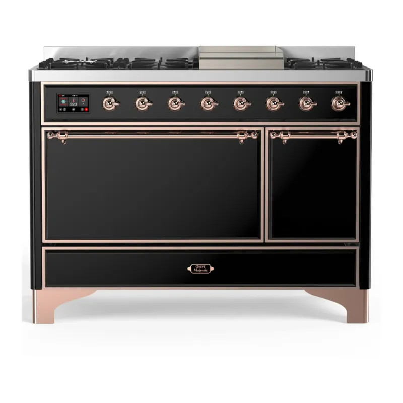 Don’t Miss Out ILVE Majestic III 48-inch Dual Fuel Range with 5 Liquid Propane Burner, Griddle and Solid Door Electric Oven in Glossy Black with Copper Trim (UM48FQNR3BKPLP)