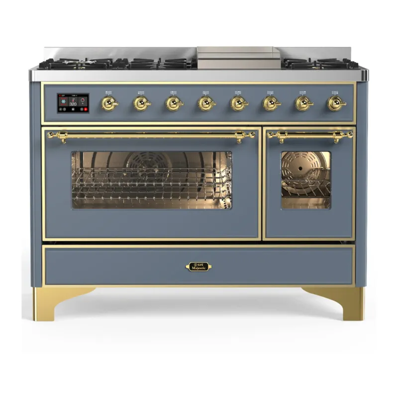 ILVE Majestic III 48-inch Dual Fuel Range with 5 Liquid Propane Burner, Griddle and Triple Glass Door Electric Oven in Blue Grey with Brass Trim (UM48FNR3BGGLP) Fan Favorite
