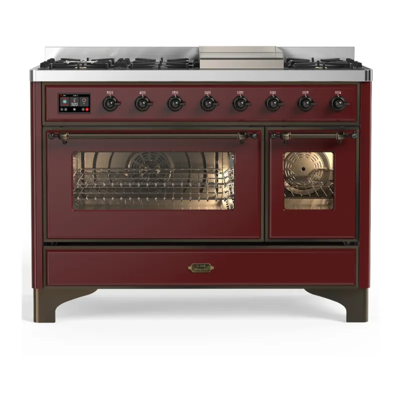 ILVE Majestic III 48-inch Dual Fuel Range with 5 Liquid Propane Burner, Griddle and Triple Glass Door Electric Oven in Burgundy with Burnished Trim (UM48FNR3BUBLP) Flash Sale