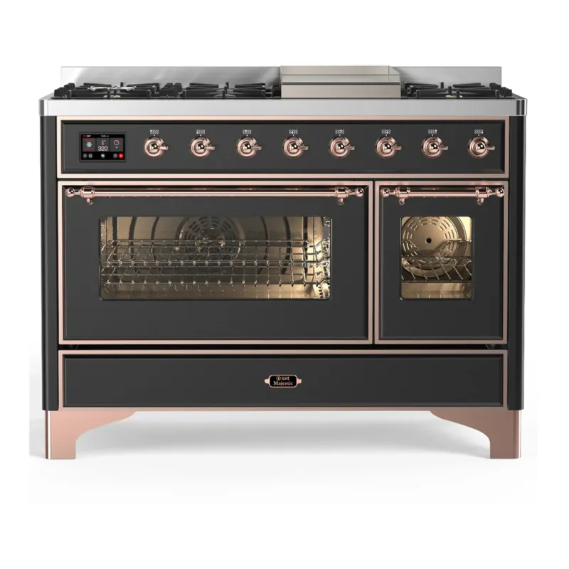 ILVE Majestic III 48-inch Dual Fuel Range with 5 Liquid Propane Burner, Griddle and Triple Glass Door Electric Oven in Graphite Matte with Copper Trim (UM48FNR3MGPLP) Express Delivery