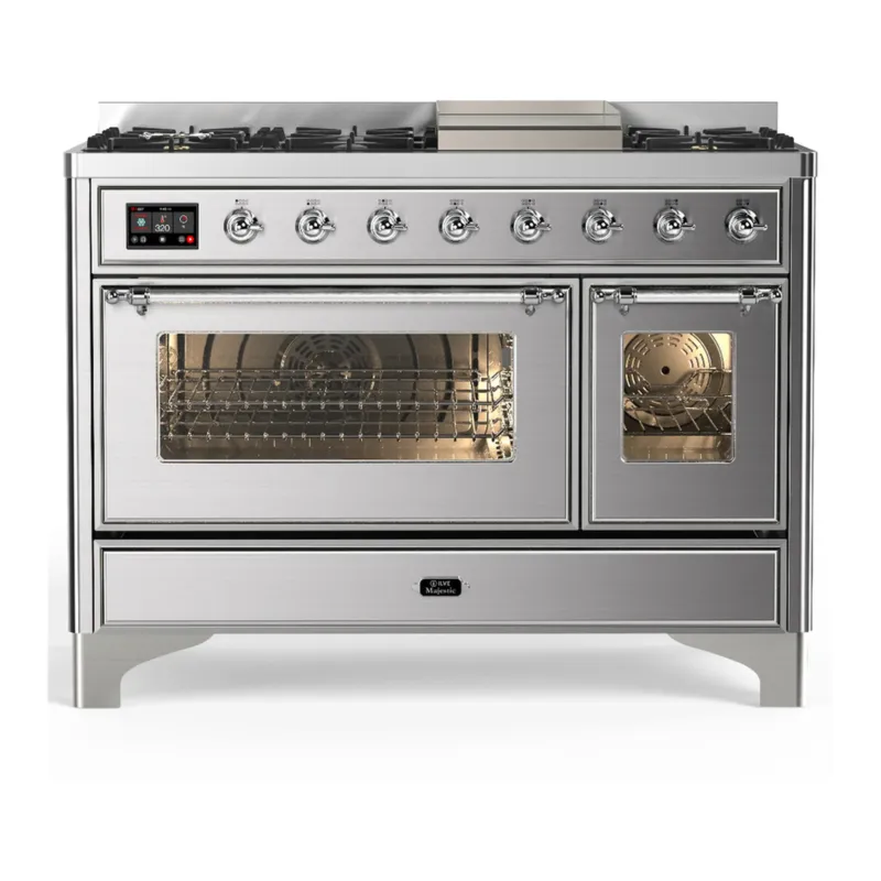 Super Sale ILVE Majestic III 48-inch Dual Fuel Range with 5 Liquid Propane Burner, Griddle and Triple Glass Door Electric Oven in Stainless Steel with Chrome Trim (UM48FNR3SSCLP)