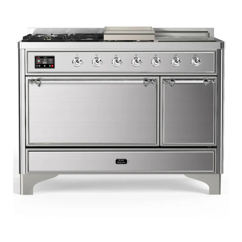 Seasonal Sale ILVE Majestic III 48-inch Dual Fuel Range with 5 Liquid Propane Burner, Griddle, French Top and Solid Door Electric Oven in Stainless Steel with Chrome Trim (UM48FSQNR3SSCLP)