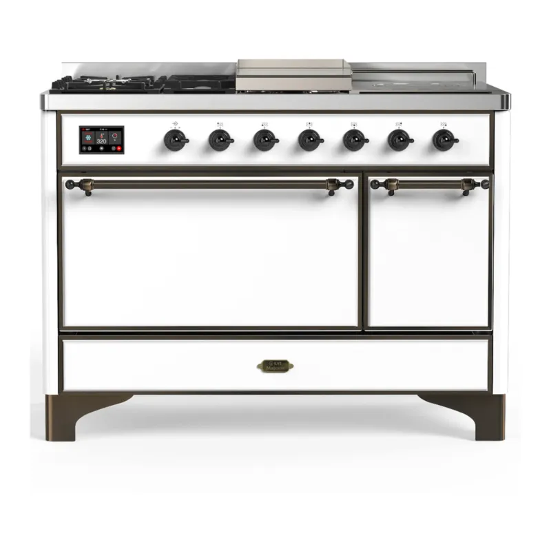 Best Choice ILVE Majestic III 48-inch Dual Fuel Range with 5 Liquid Propane Burner, Griddle, French Top and Solid Door Electric Oven in White with Burnished Trim (UM48FSQNR3WHBLP)