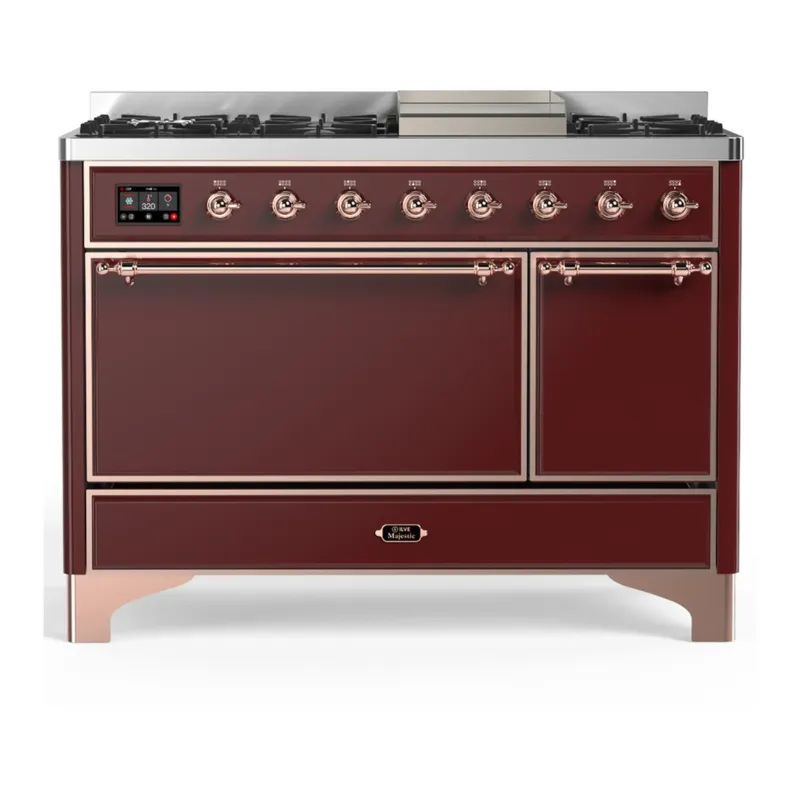 ILVE Majestic III 48-inch Dual Fuel Range with 5 Natural Gas Burner, Griddle and Solid Door Electric Oven in Burgundy with Copper Trim (UM48FQNR3BUP) Don’t Miss Out