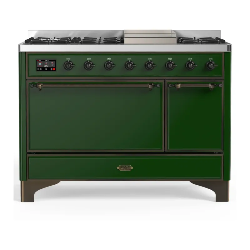 Reduced Price ILVE Majestic III 48-inch Dual Fuel Range with 5 Natural Gas Burner, Griddle and Solid Door Electric Oven in Emerald Green with Burnished Trim (UM48FQNR3EGB)