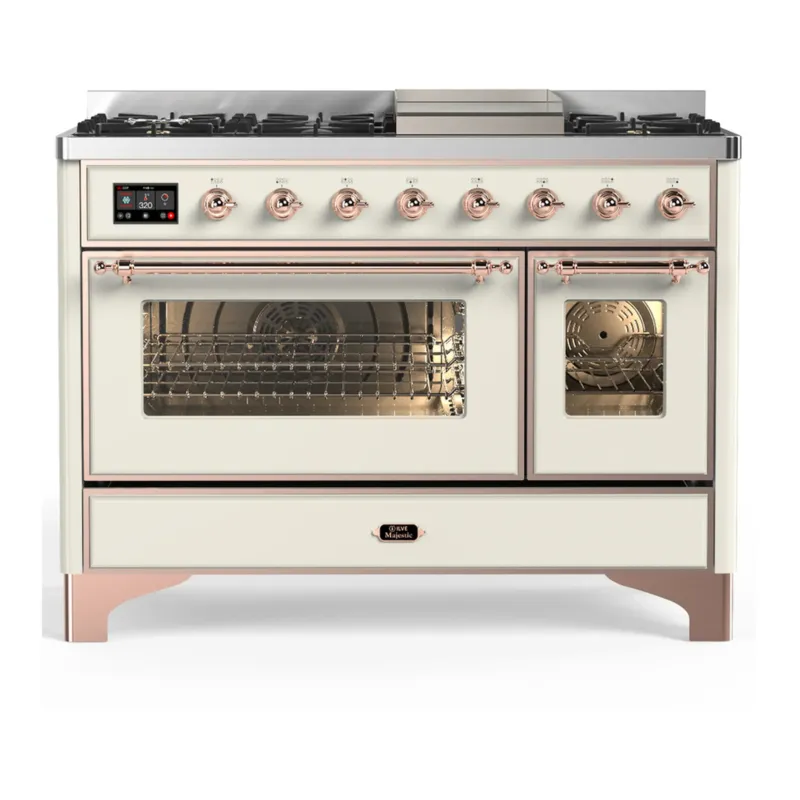 ILVE Majestic III 48-inch Dual Fuel Range with 5 Natural Gas Burner, Griddle and Triple Glass Door Electric Oven in Antique White with Copper Trim (UM48FNR3AWP) Free Shipping