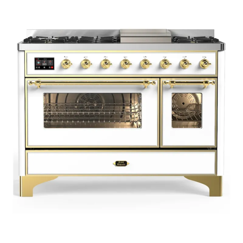 ILVE Majestic III 48-inch Dual Fuel Range with 5 Natural Gas Burner, Griddle and Triple Glass Door Electric Oven in White with Brass Trim (UM48FNR3WHG) Free Shipping