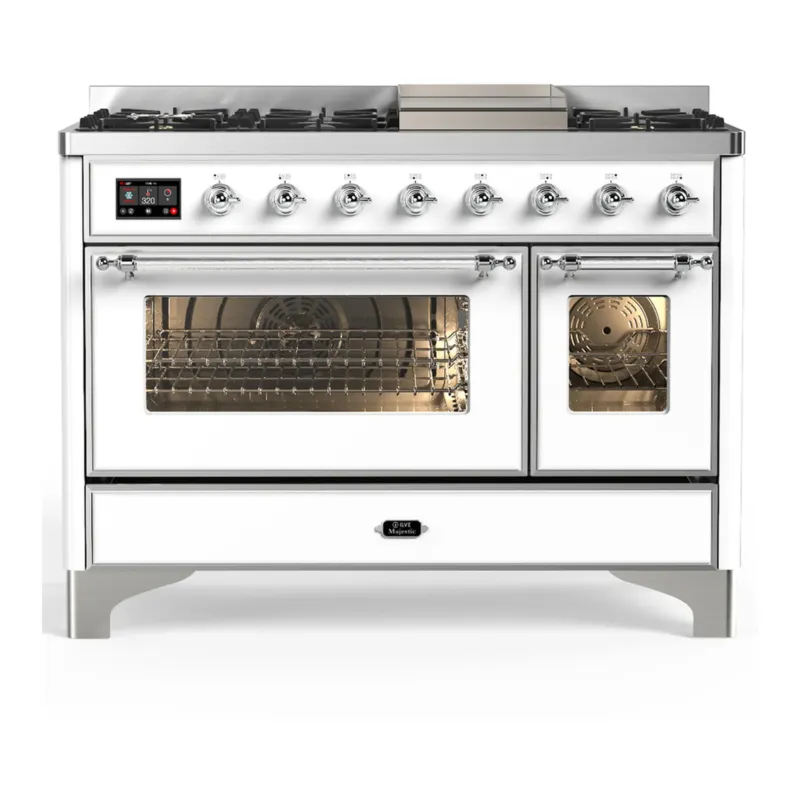 Top Pick ILVE Majestic III 48-inch Dual Fuel Range with 5 Natural Gas Burner, Griddle and Triple Glass Door Electric Oven in White with Chrome Trim (UM48FNR3WHC)