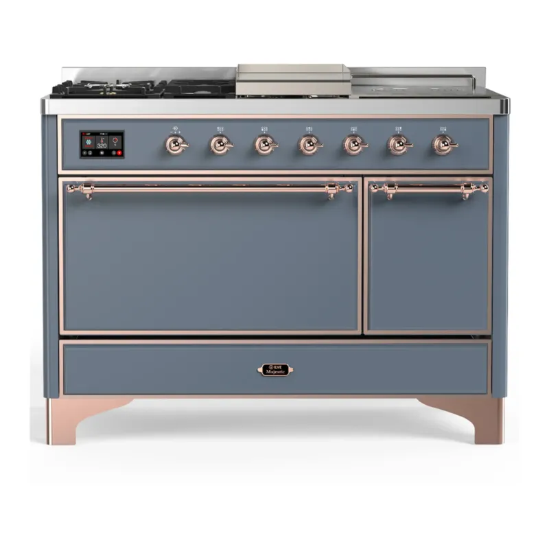 Place Order ILVE Majestic III 48-inch Dual Fuel Range with 5 Natural Gas Burner, Griddle, French Top and Solid Door Electric Oven in Blue Grey with Copper Trim (UM48FSQNR3BGP)