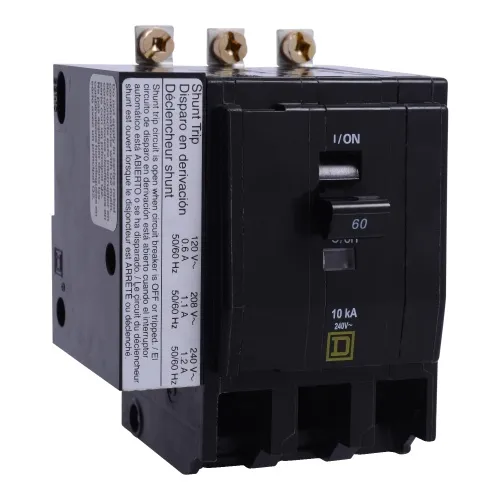 Schneider Electric QOB3605274 Mini circuit breaker, QO, 60A, 3 pole, 120/240 VAC, 10 kA, bolt on mount, AC shunt trip, ring terminals Free Delivery