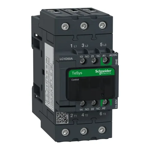 Schneider Electric LC1D50ABNE TeSys D Non-Reversing contactor 3P 50A AC-3 up to 440V coil 24-60V AC/DC EverLink Luxury