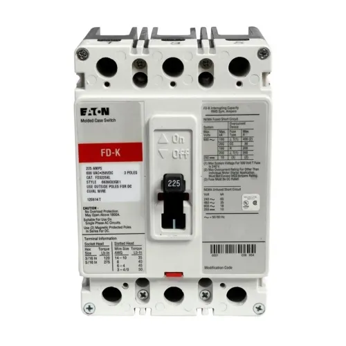 High Quality Eaton FD3225A08 Molded Case Circuit Breaker, C Series, 600 Max Volt, 225 Amp, Three Pole