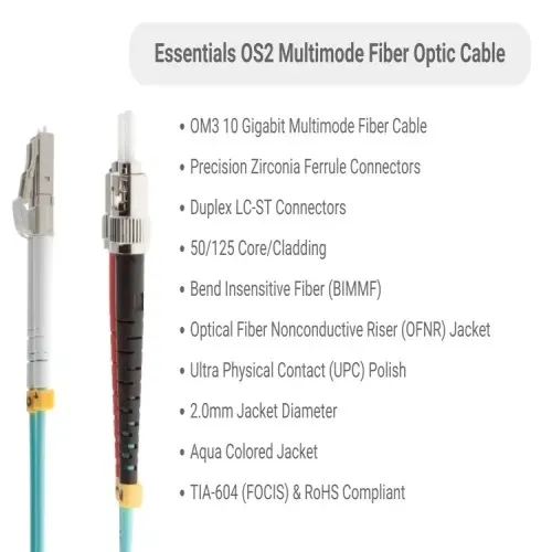 Fast Shipping Cable FMD5G-LCST-20 Fiber Optic Patch Cable - 65.6', OM3, LC - ST, OFNR, Multimode, 50 Micron, Aqua