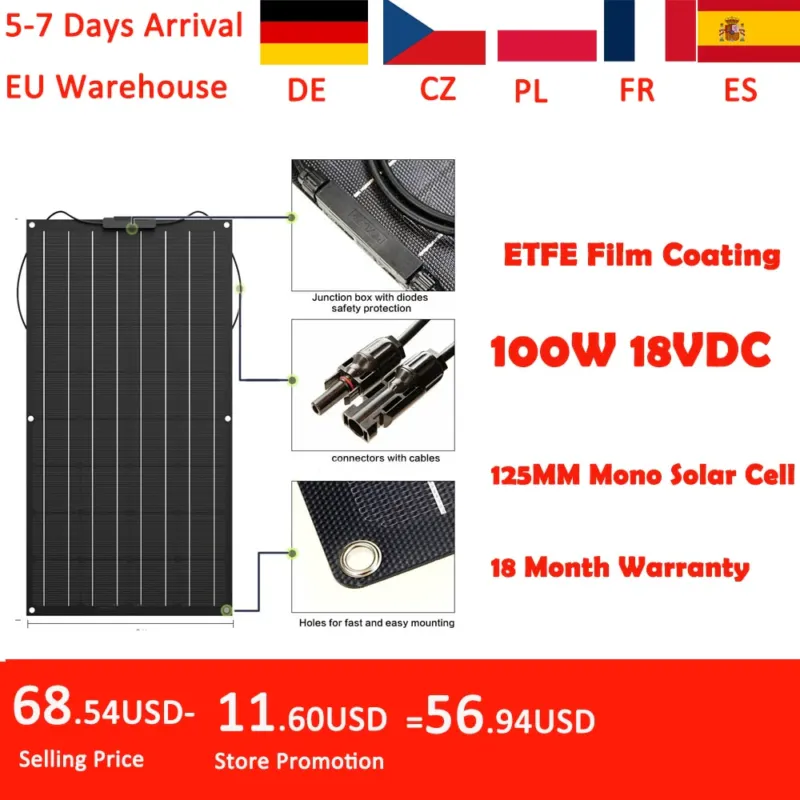 Popular Jingyang Solar Panel 300w 330W 400w 440W 200w 100w 110W ETFE Flexible Monocrystalline Solar Cell 1000w 12V Battery Charger